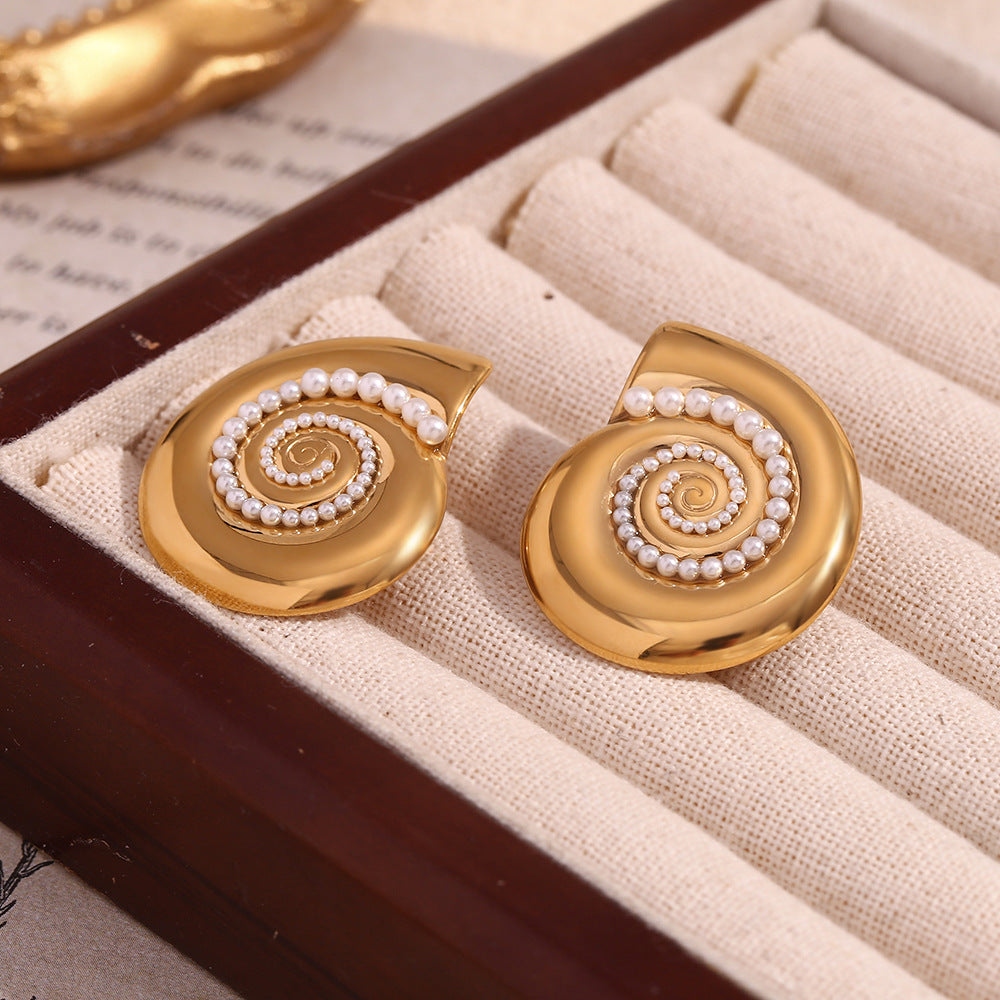 Snail Shell imitation Pearl Earrings- 18K Gold Plated