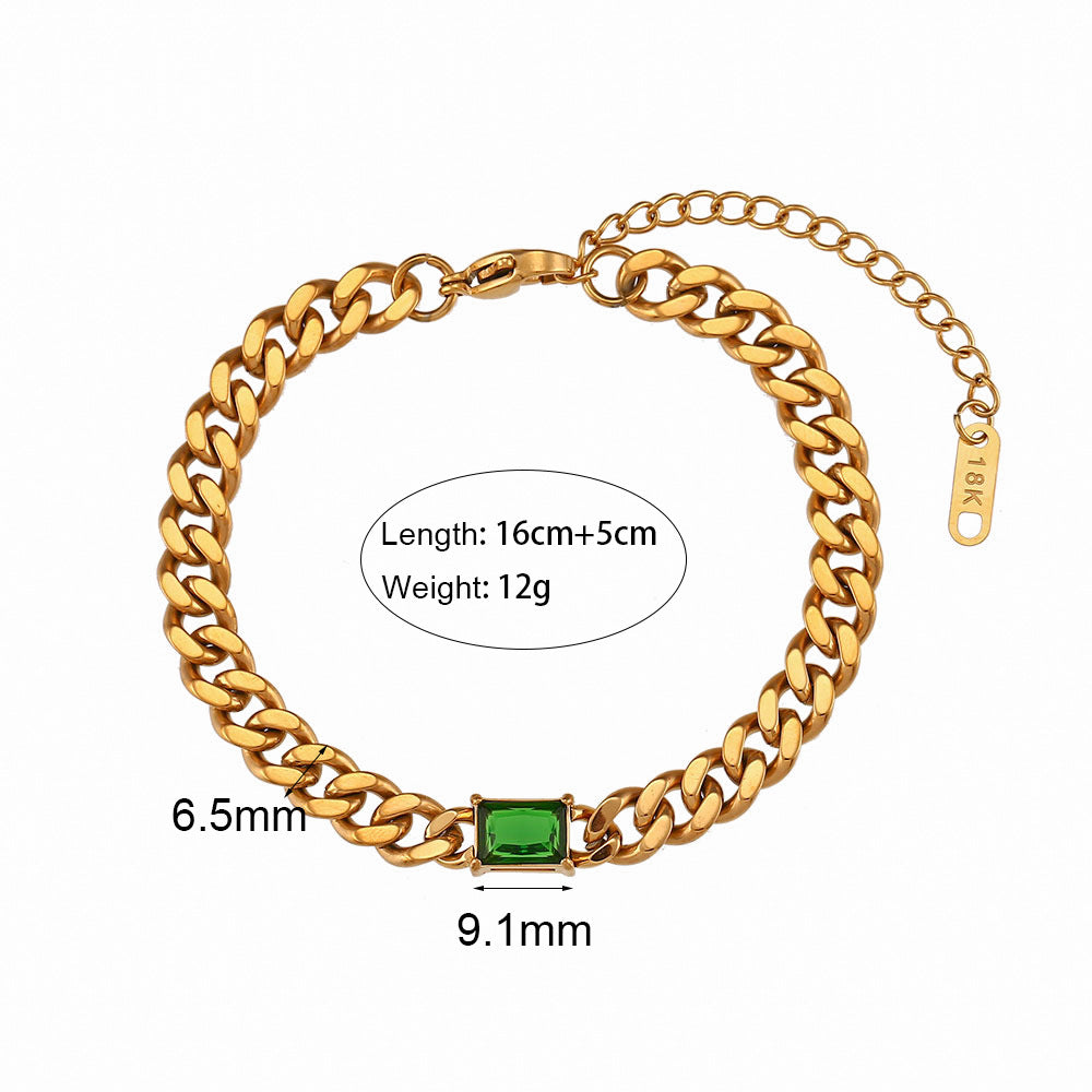 18 K Gold Plated Cuban Chain Rectangular Zircon Bracelet- GPY07