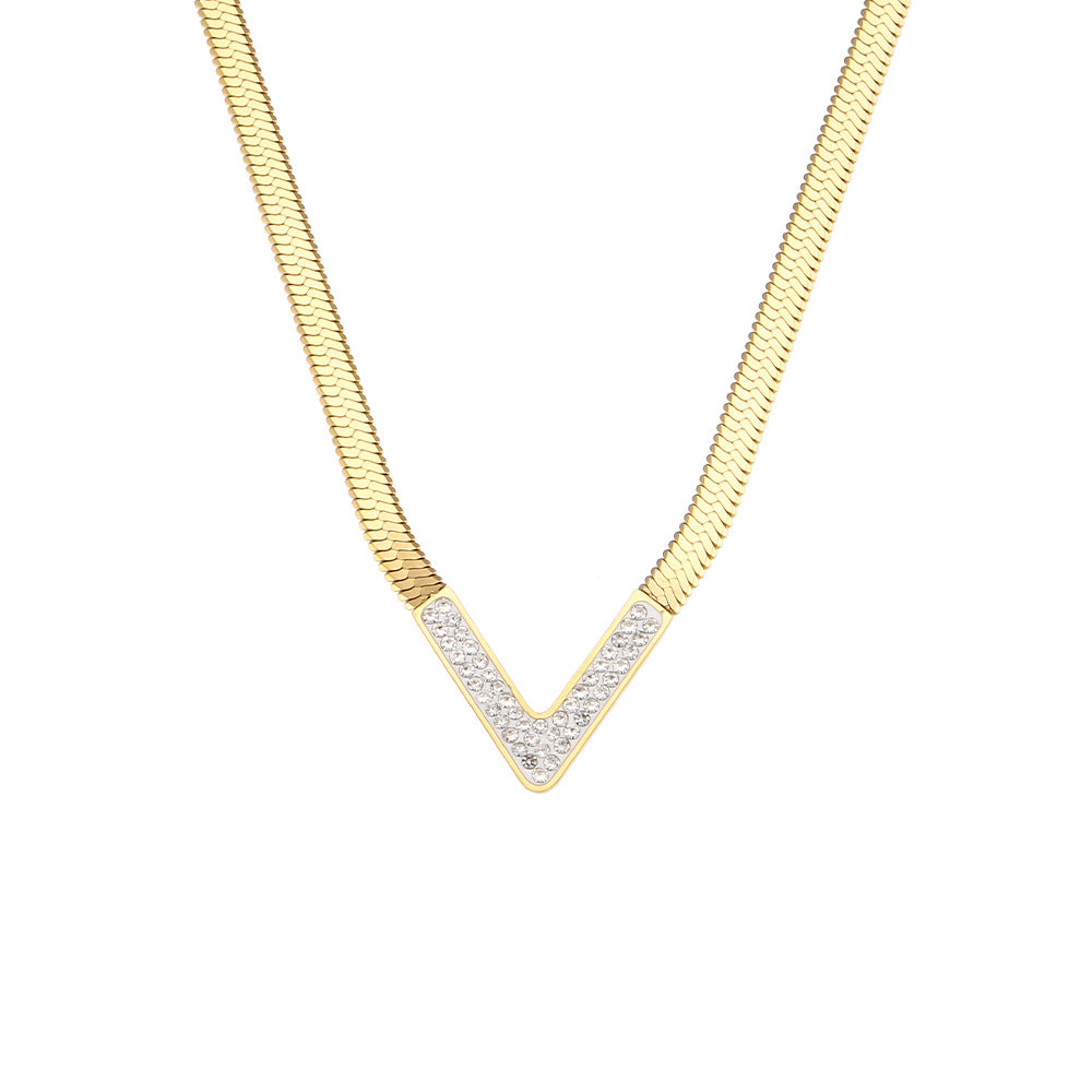 Flat Snake Chain Zircon V-Necklace- 18K Gold Plated