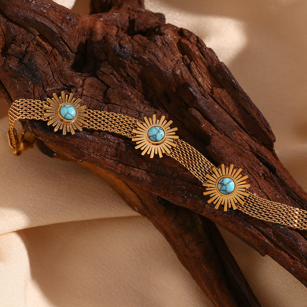 18 K Gold Plated Turquoise Sunflower Braided Bracelet- GPY08