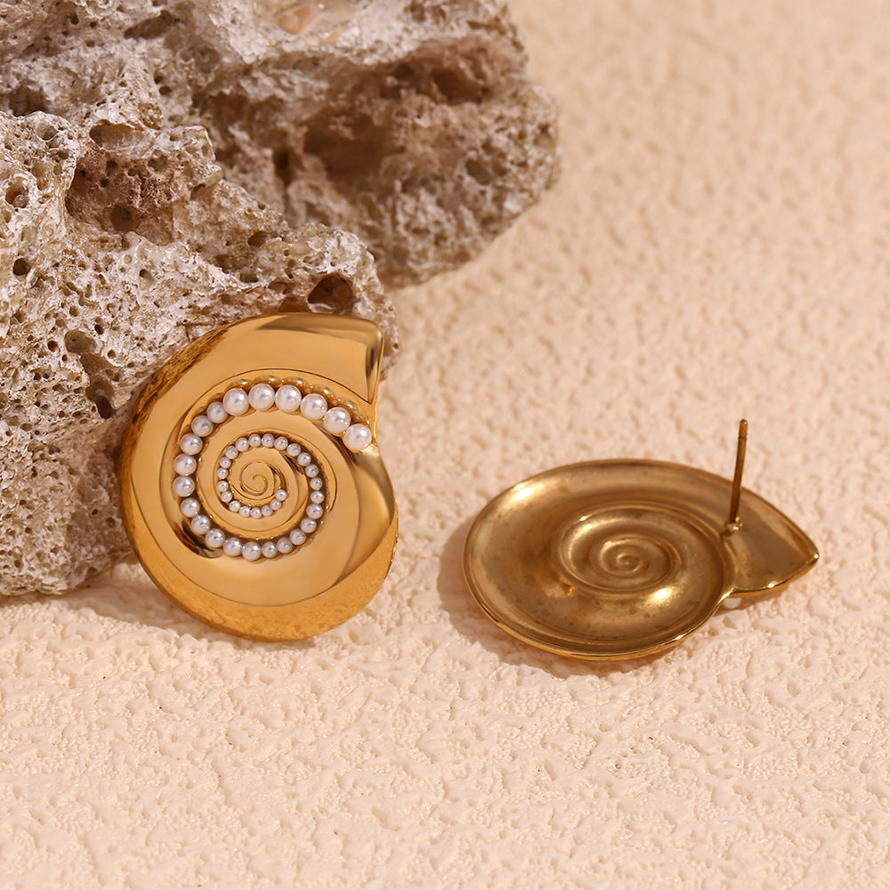 Snail Shell imitation Pearl Earrings- 18K Gold Plated